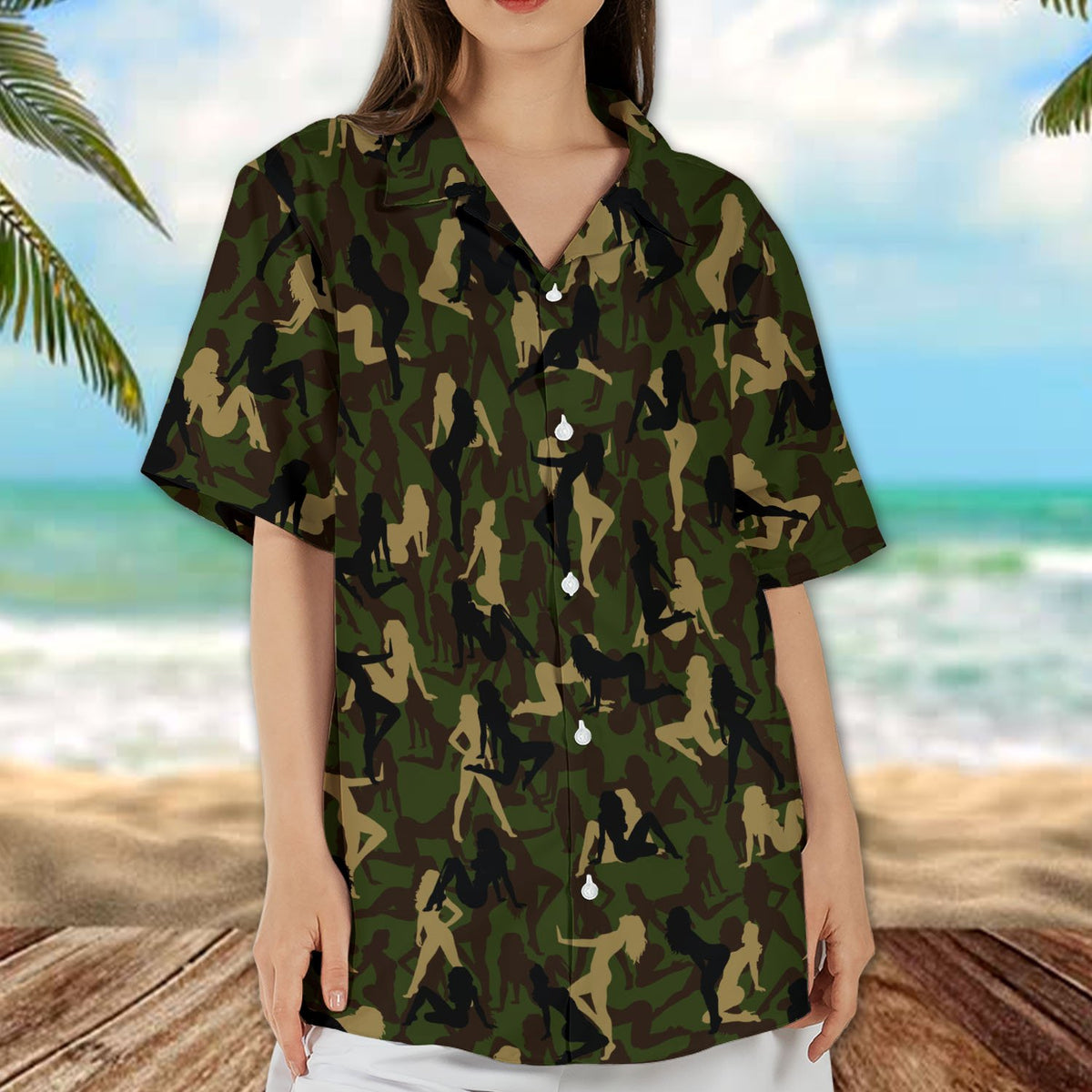 Alternate front view of the matching family hawaiian shirt in camo