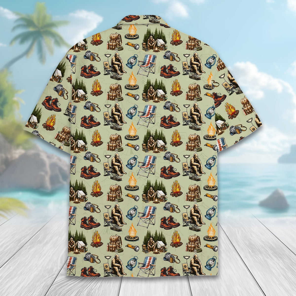 Close-up back view showing the camping bigfoot pattern