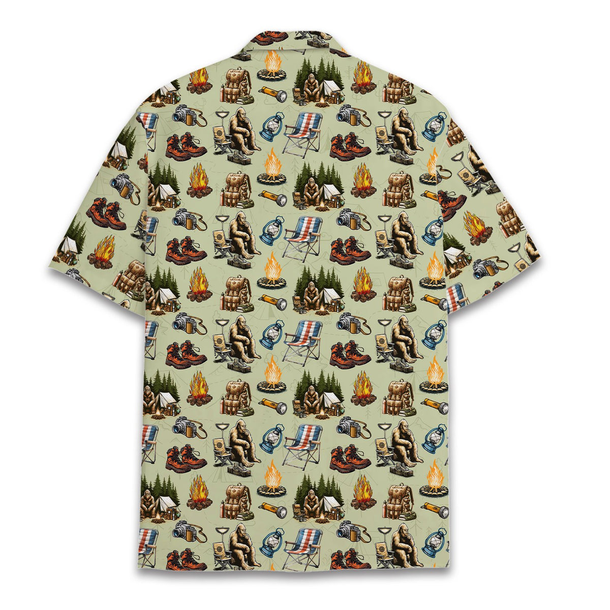 Back view of the camping bigfoot hawaiian shirt