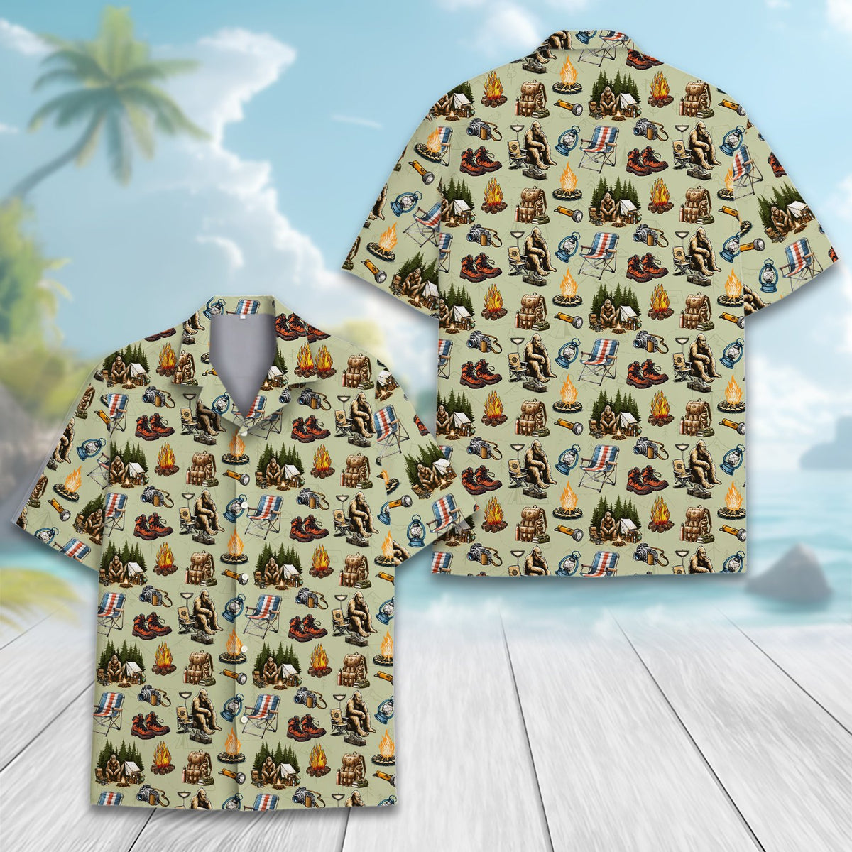 Close-up front view of the beige camping hawaiian shirt