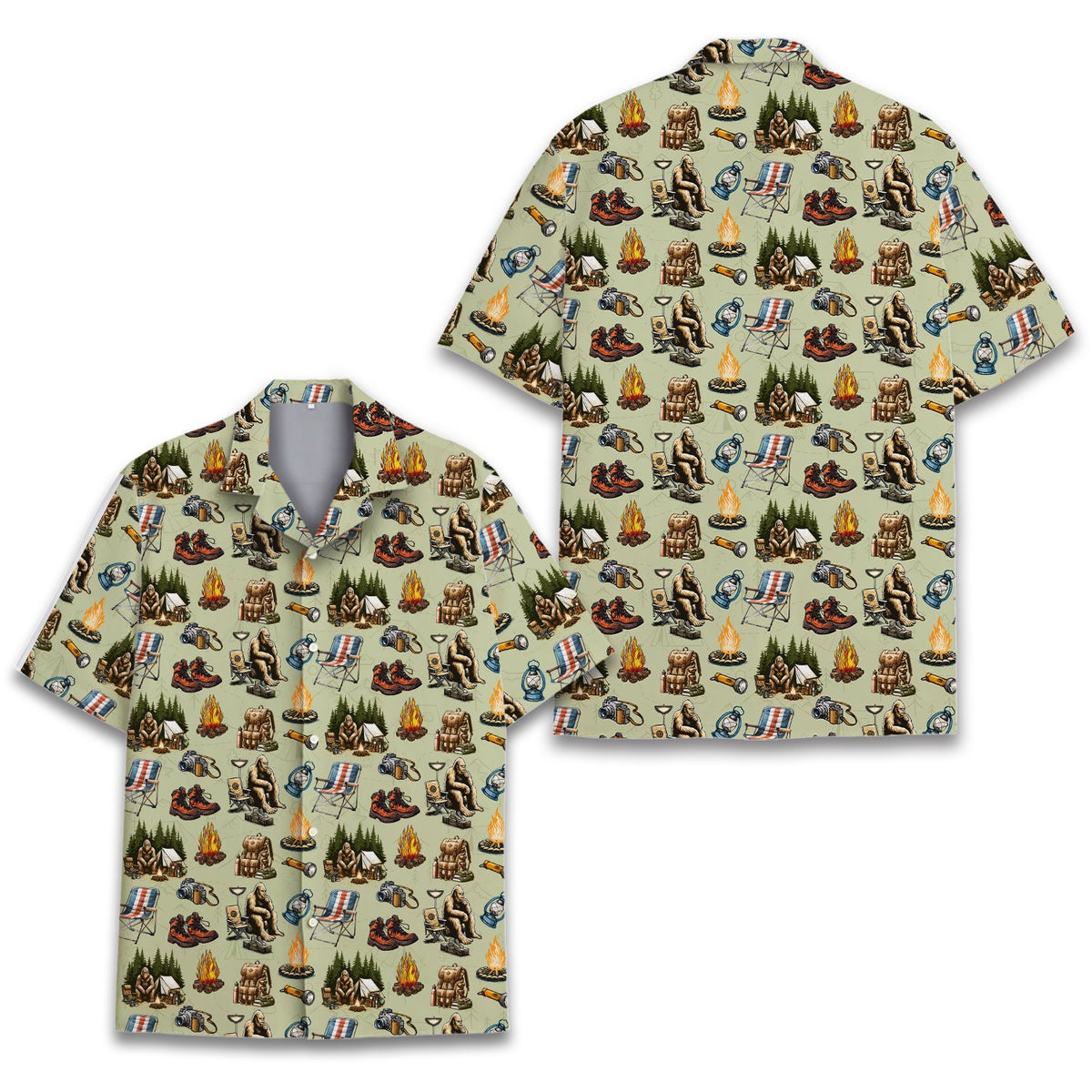 Front view of the camping bigfoot hawaiian shirt
