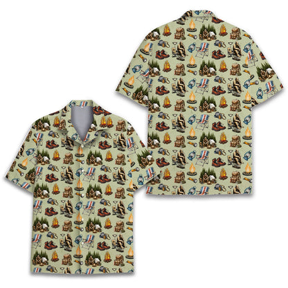 Front view of the camping bigfoot hawaiian shirt