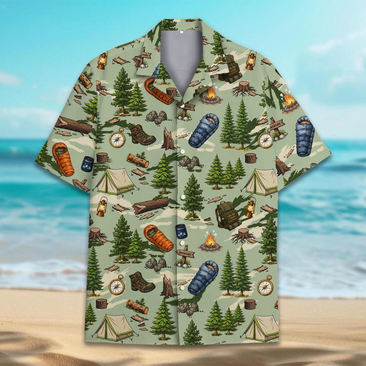 Second back view of the green camping shirt