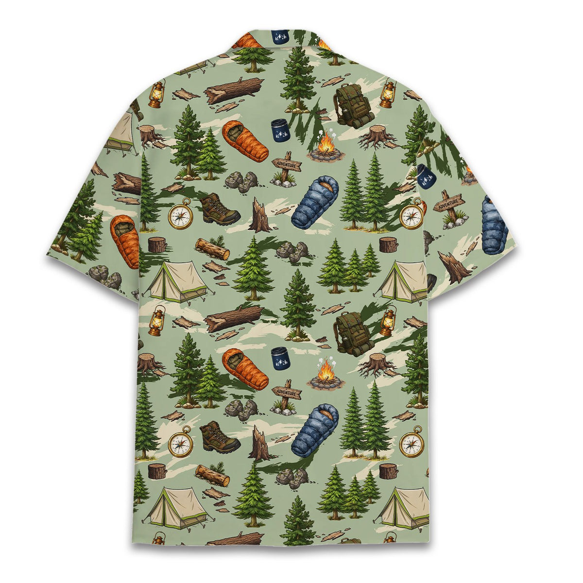 Back view of the matching family hawaiian shirts in camping theme
