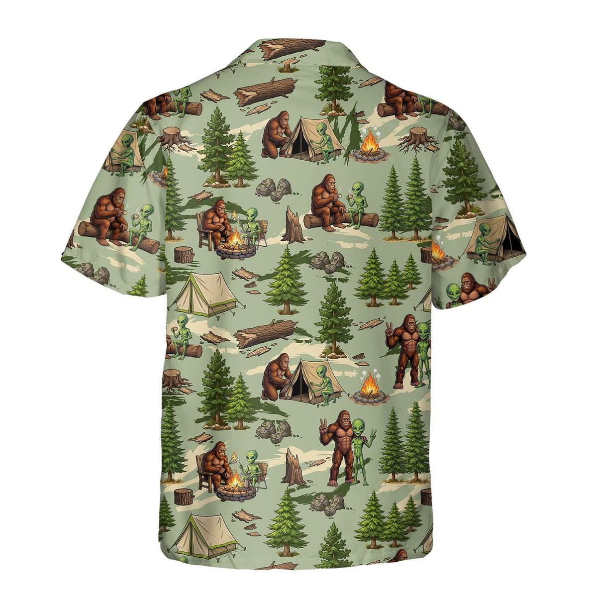 Back view of the Bigfoot and alien camping hawaiian shirt