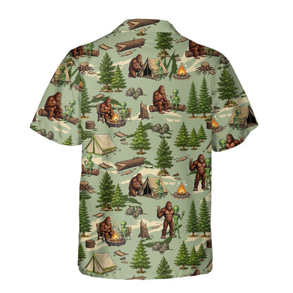 Back view of the Bigfoot and alien camping hawaiian shirt