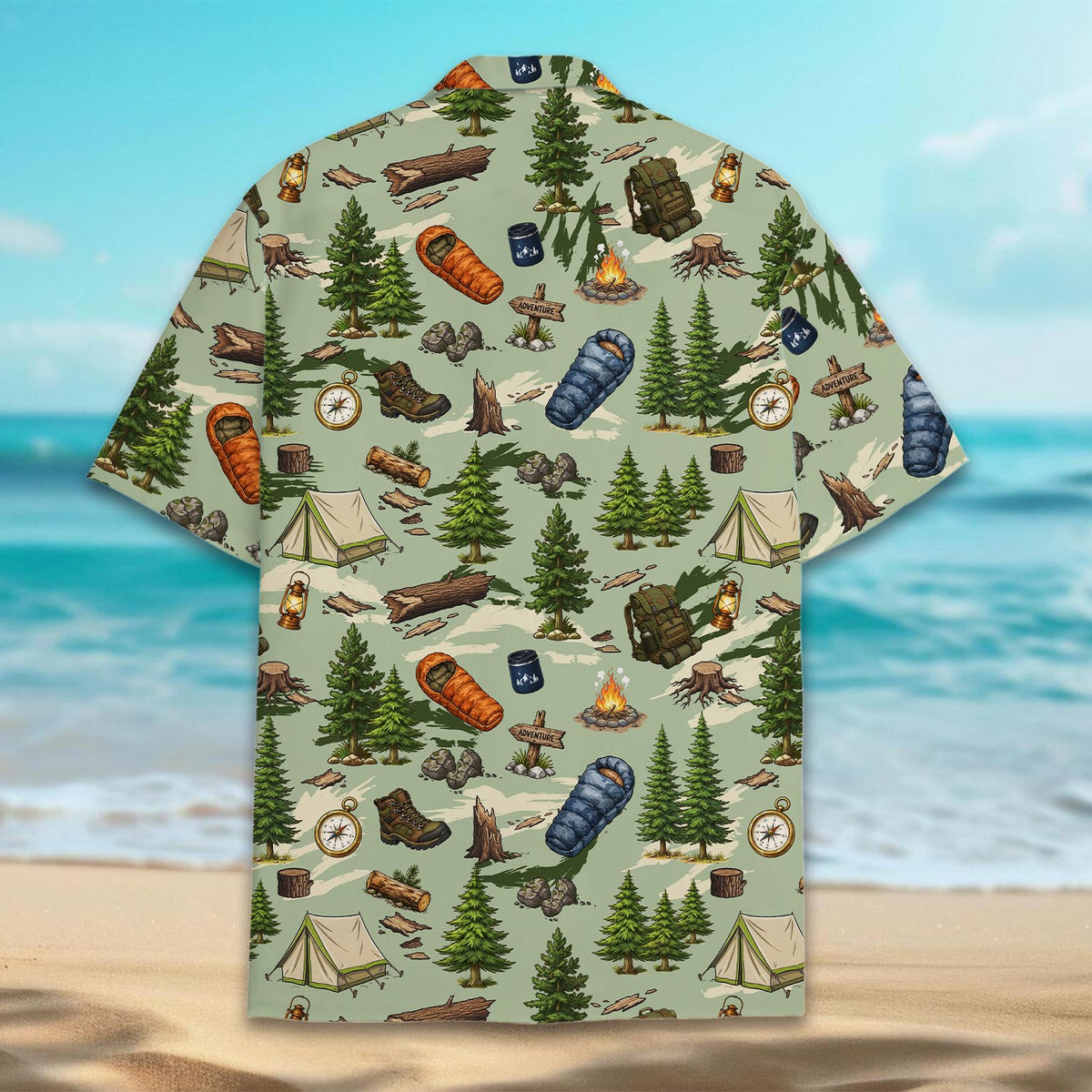 Close up front view of the green camping hawaiian shirt details