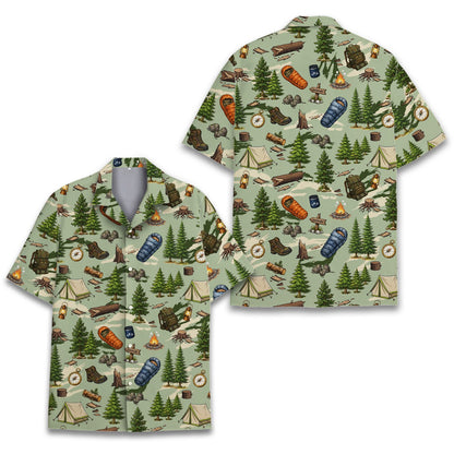 Main view of the green camping hawaiian shirt with tents and campfires