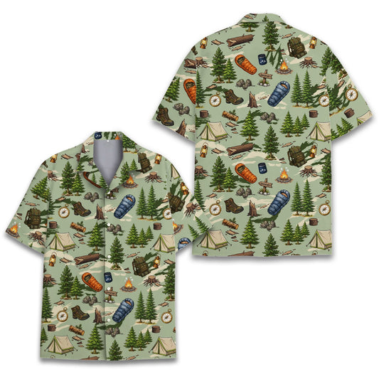 Main view of the green camping hawaiian shirt with tents and campfires