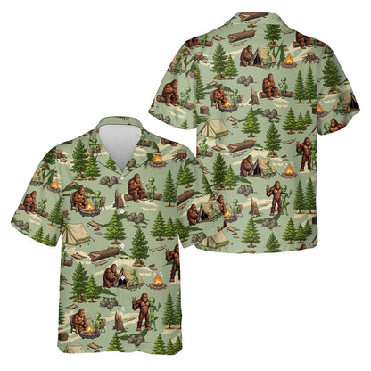 Front view of the camping hawaiian shirt with forest and campfire design