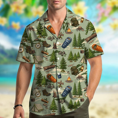 Second lifestyle view of the camping themed hawaiian shirt outdoors