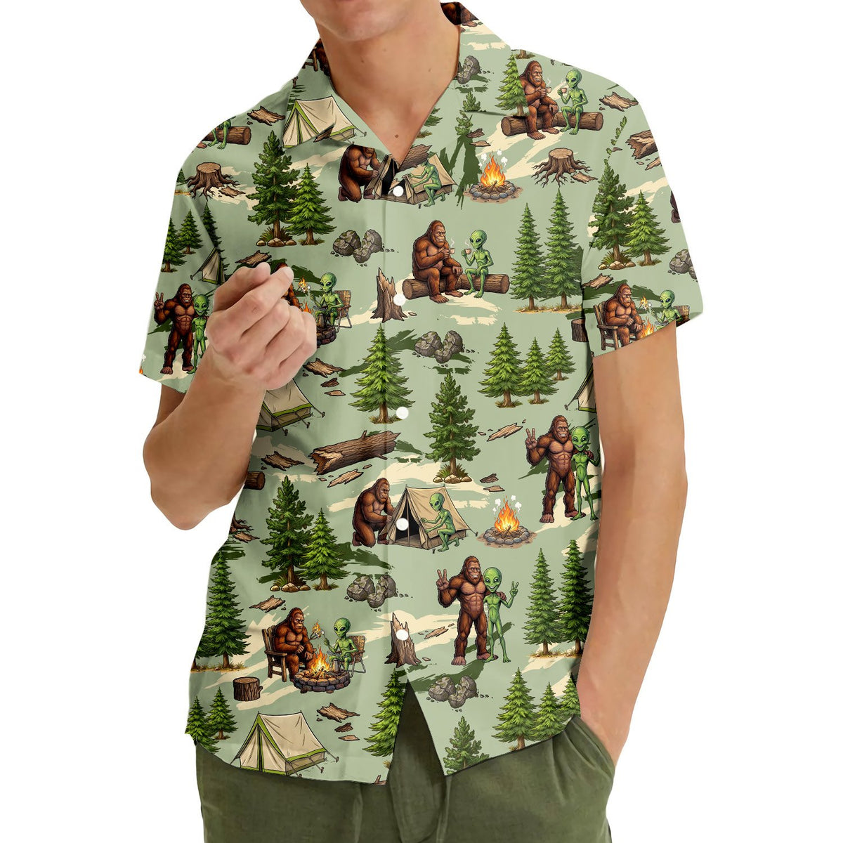 Another lifestyle shot of the camping hawaiian shirt outdoors
