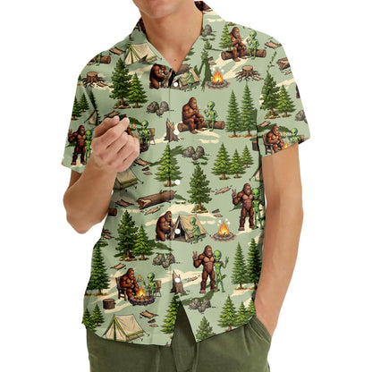Another lifestyle shot of the camping hawaiian shirt outdoors