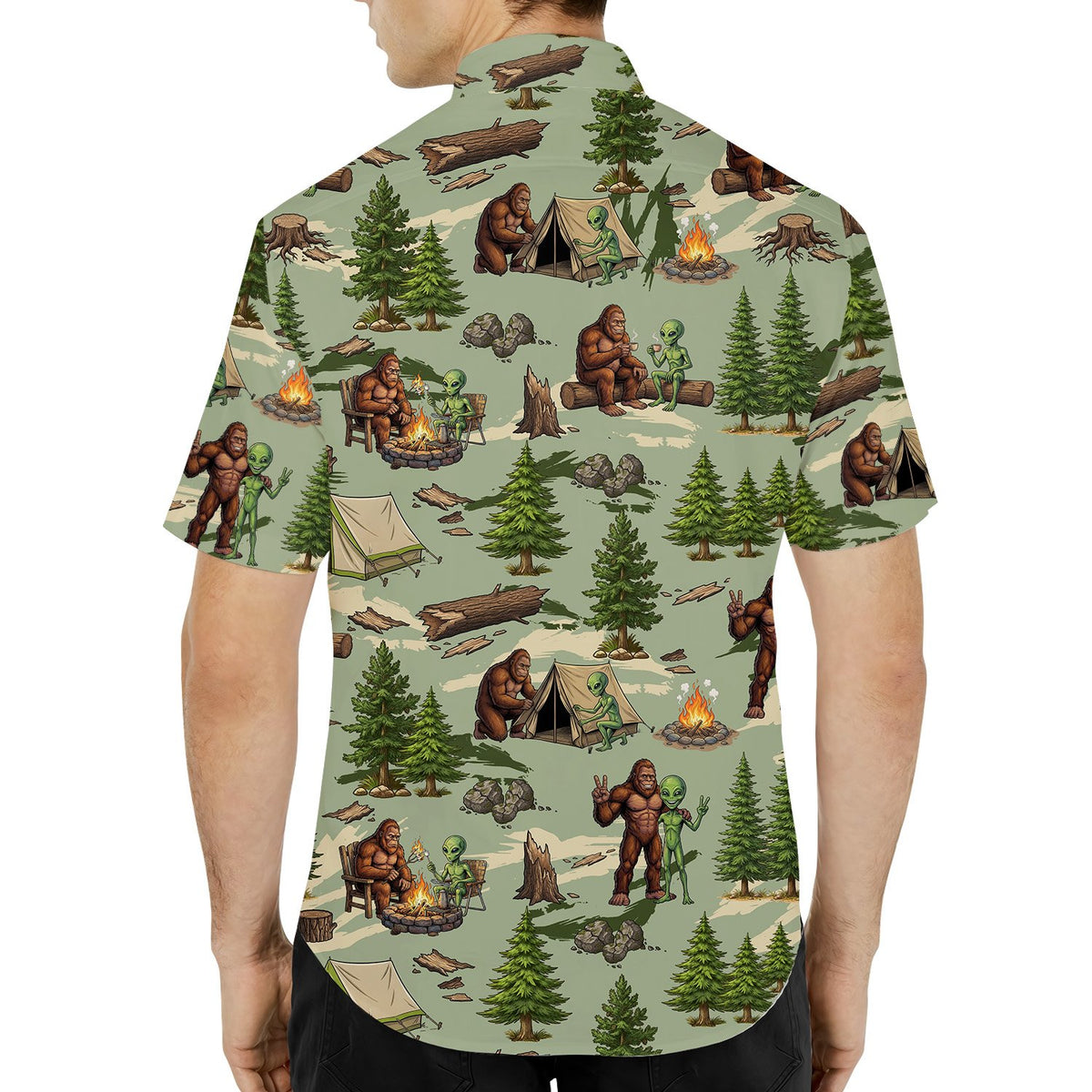 Close up lifestyle view of the fun Bigfoot and alien camping design