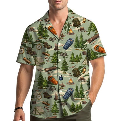 Lifestyle view of someone wearing the green camping hawaiian shirt