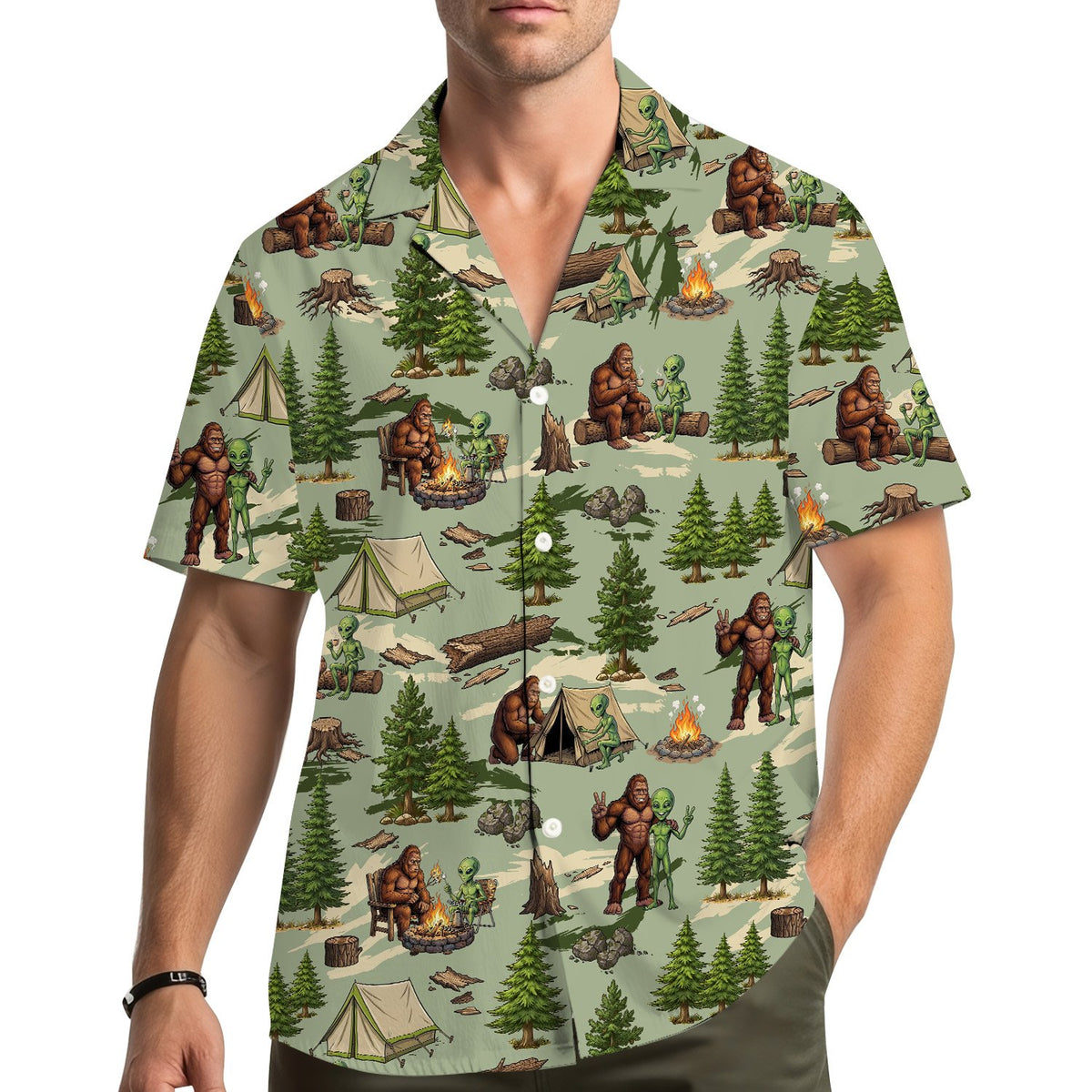 Lifestyle view of someone wearing the matching family hawaiian shirt