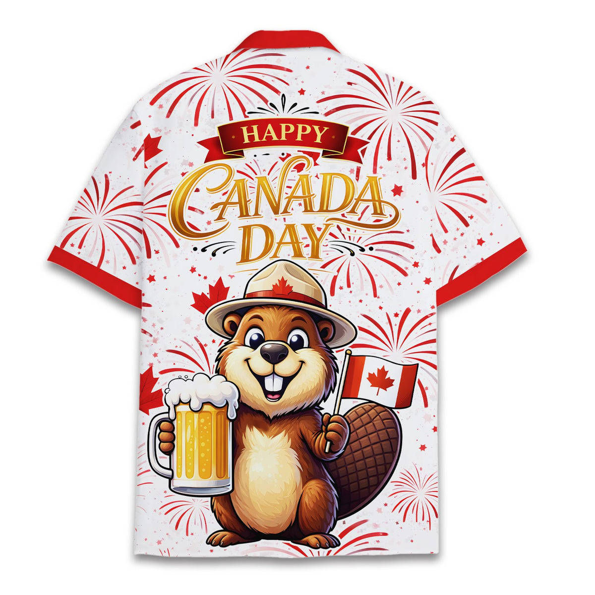 Matching family day hawaiian shirt with beaver and fireworks pattern, back view