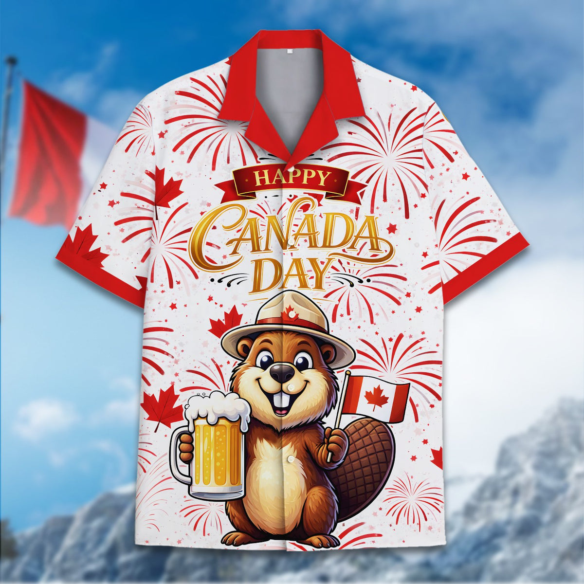 Close up of the matching family day hawaiian shirt front design