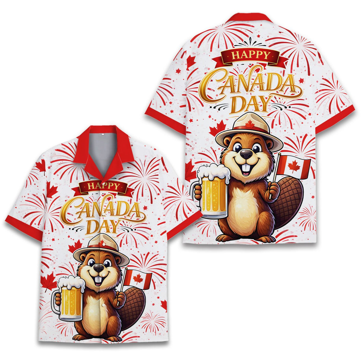 Matching family day hawaiian shirt with beaver and fireworks pattern, front view
