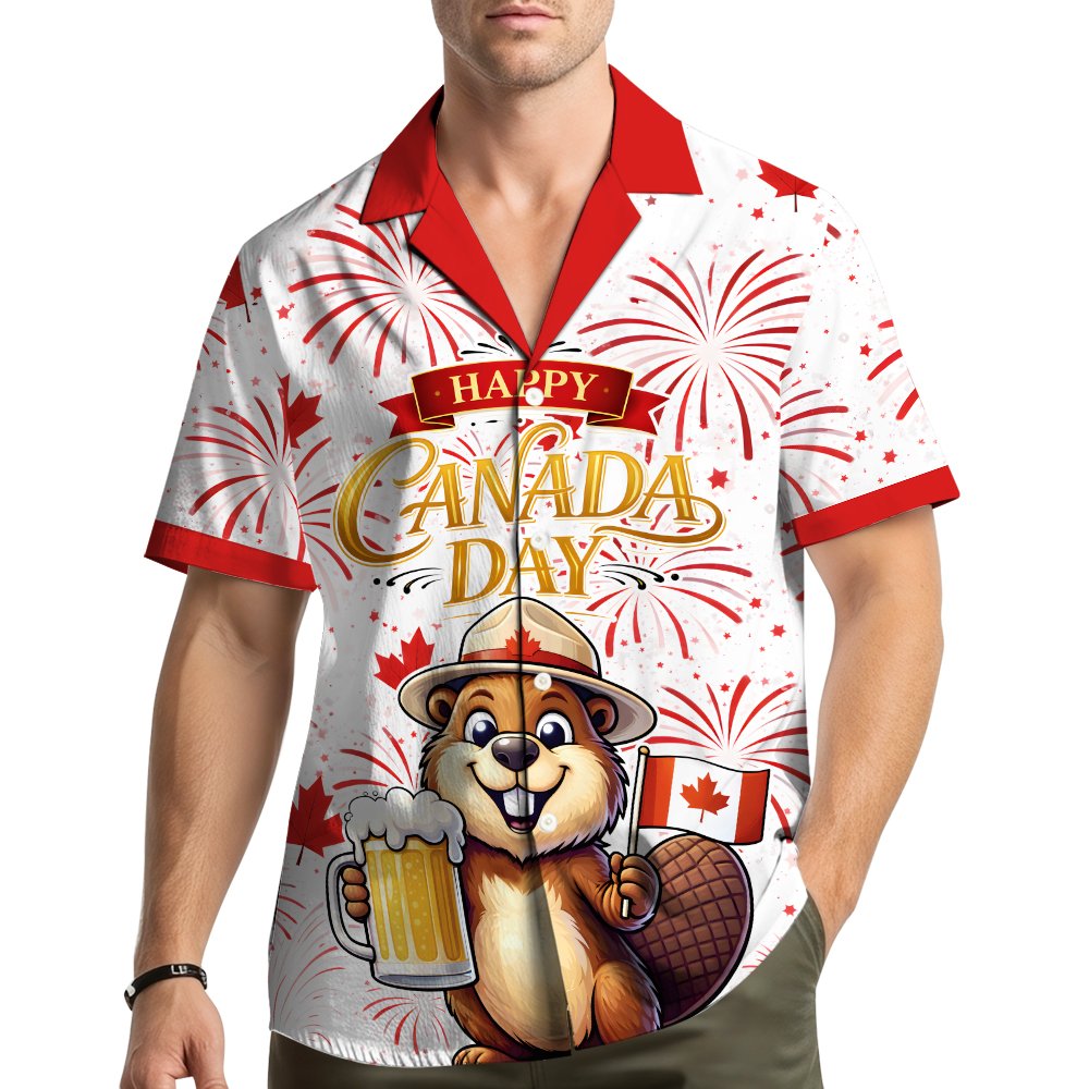 Lifestyle view of a person wearing the matching family day hawaiian shirt