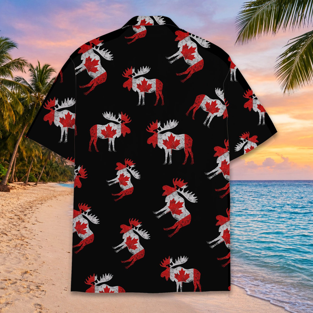 Back view of the black hawaiian shirt with all-over moose pattern