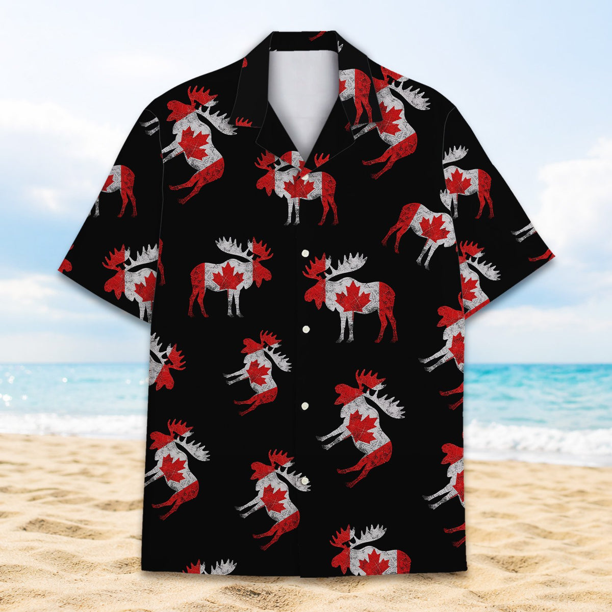 Detailed front view of the moose hawaiian shirt showing the collar and button layout