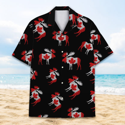 Detailed front view of the moose hawaiian shirt showing the collar and button layout