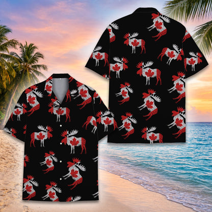 Front angle view of the Canada moose themed hawaiian shirt