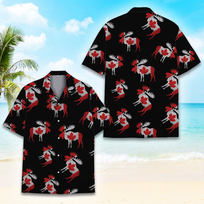 Front view of the black moose hawaiian shirt with red and white flag patterns