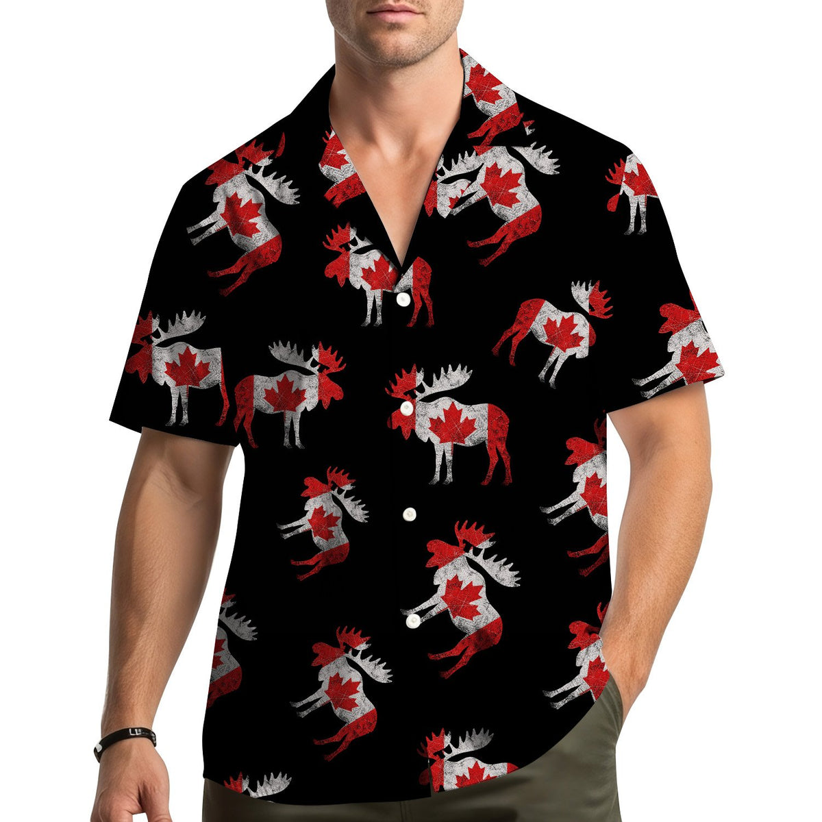 Lifestyle view of a person wearing the moose hawaiian shirt