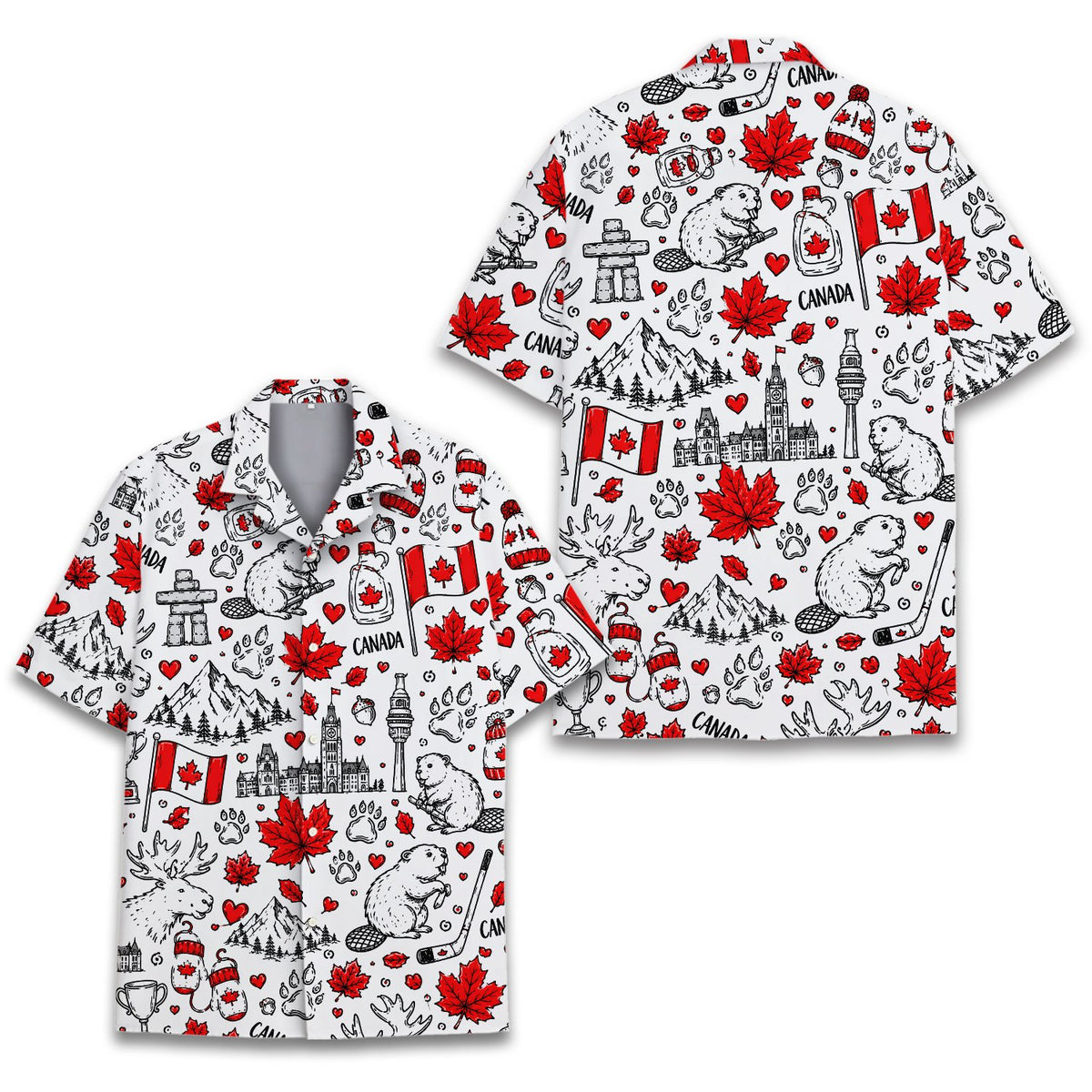 White matching family hawaiian shirt with Canadian icons pattern, back view