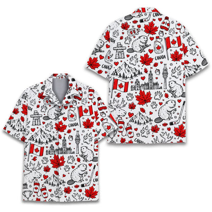 White matching family hawaiian shirt with Canadian icons pattern, back view