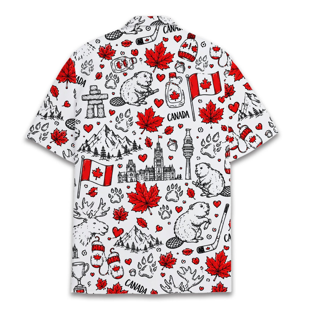 Front detail view of white matching family hawaiian shirt with Canadian symbols