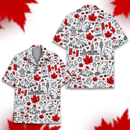 Close up front view of white matching family hawaiian shirt with Canadian icons