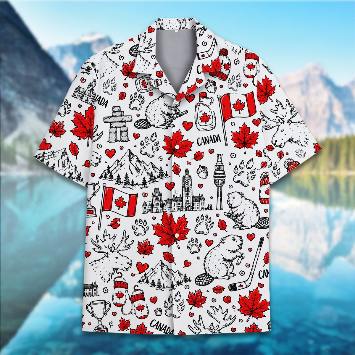 Angled front view of white matching family hawaiian shirt with Canadian pattern