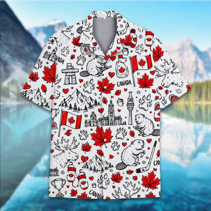 Angled front view of white matching family hawaiian shirt with Canadian pattern