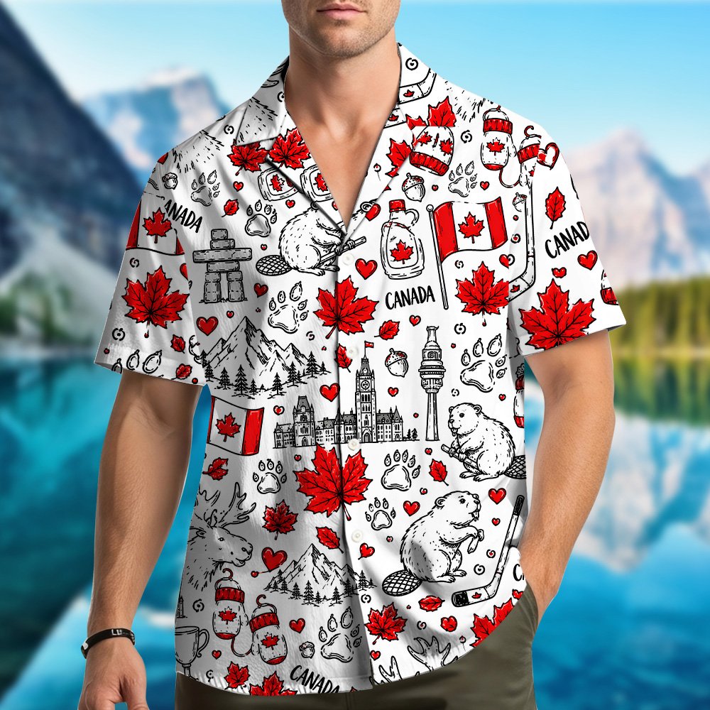 White matching family hawaiian shirt with Canadian icons pattern, main view