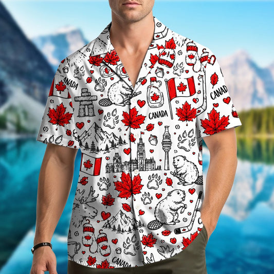 White matching family hawaiian shirt with Canadian icons pattern, main view