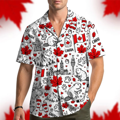 Second lifestyle image of matching family hawaiian shirts with Canadian symbols