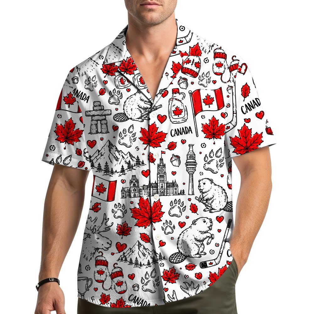 Lifestyle image of family wearing white matching family hawaiian shirts with Canadian pattern