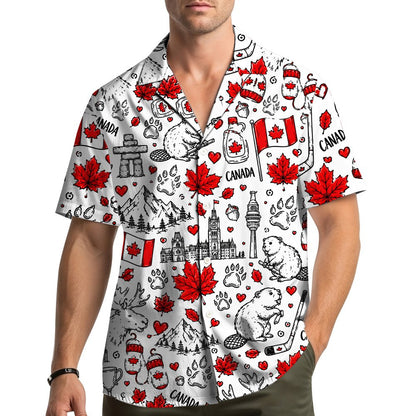 Lifestyle image of family wearing white matching family hawaiian shirts with Canadian pattern