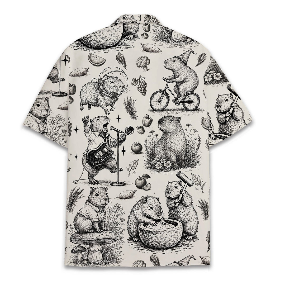 Back view of the beige capybara hawaiian shirt