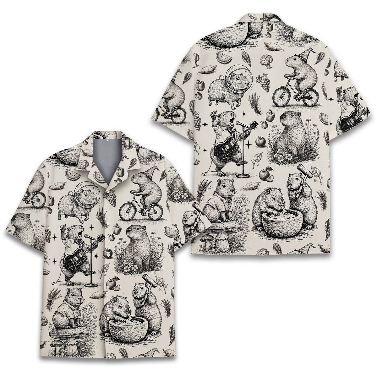 Beige capybara hawaiian shirt featuring vintage sketches, main front view