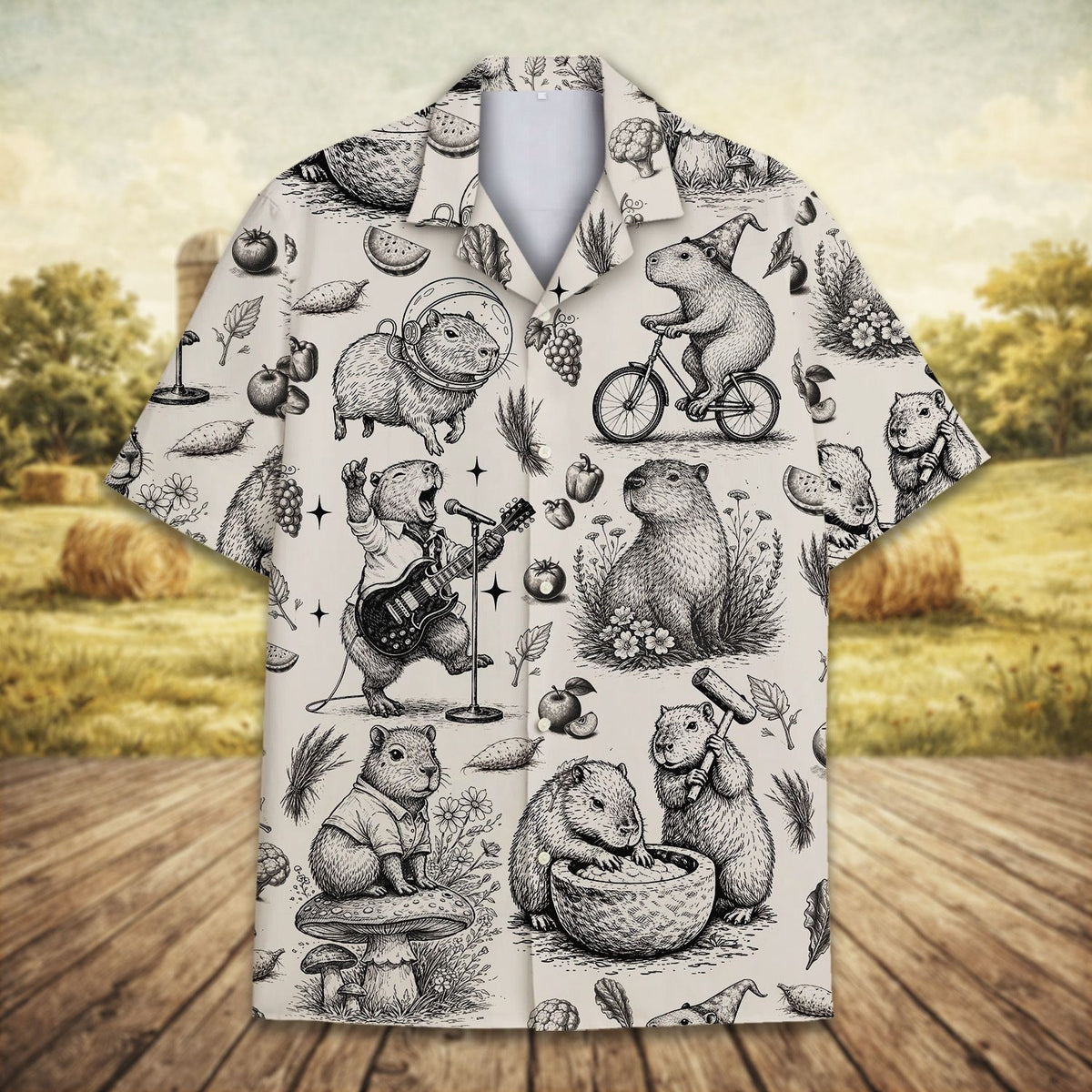 Second lifestyle view of the matching family hawaiian shirts with capybara print