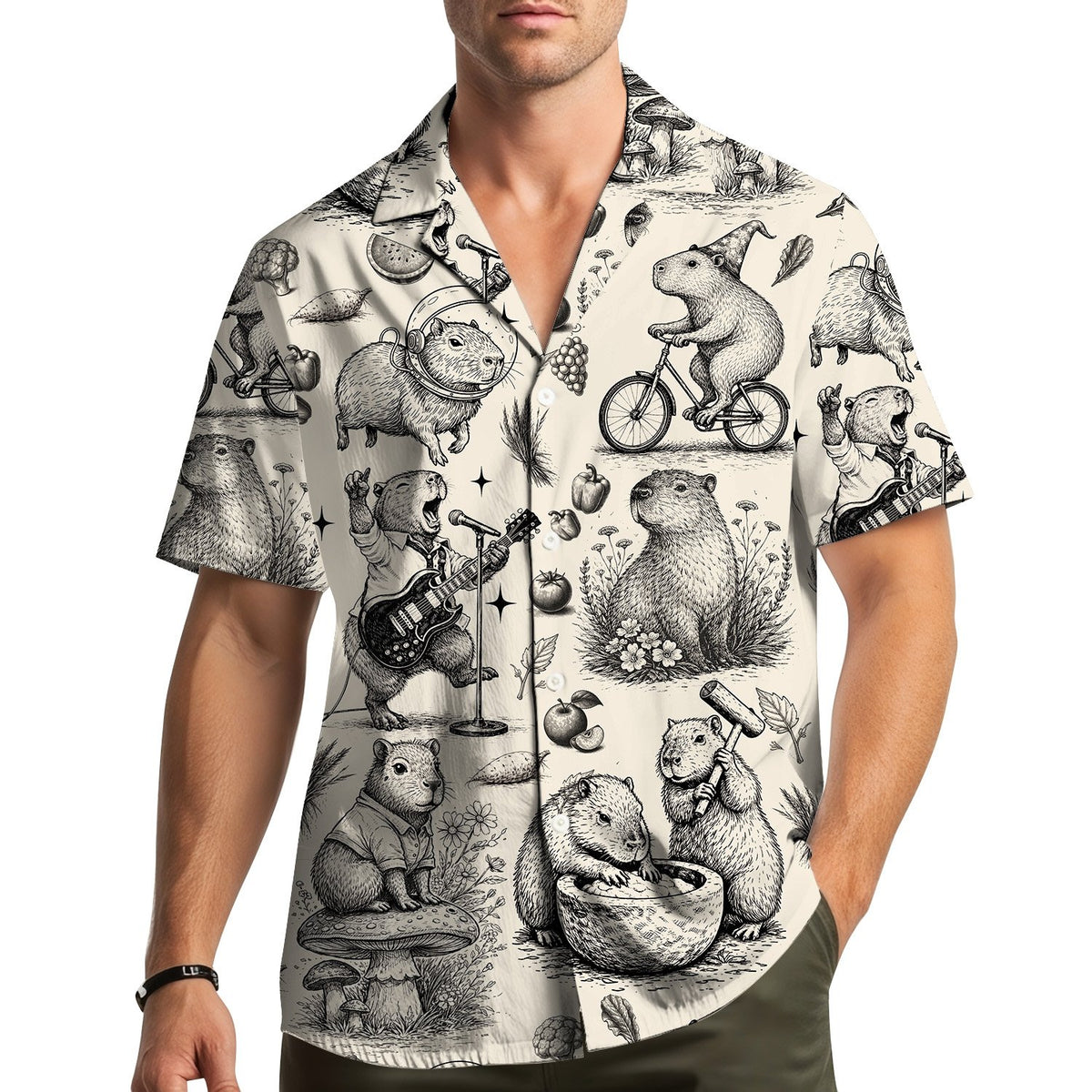 Third lifestyle view showing the capybara hawaiian shirt pattern
