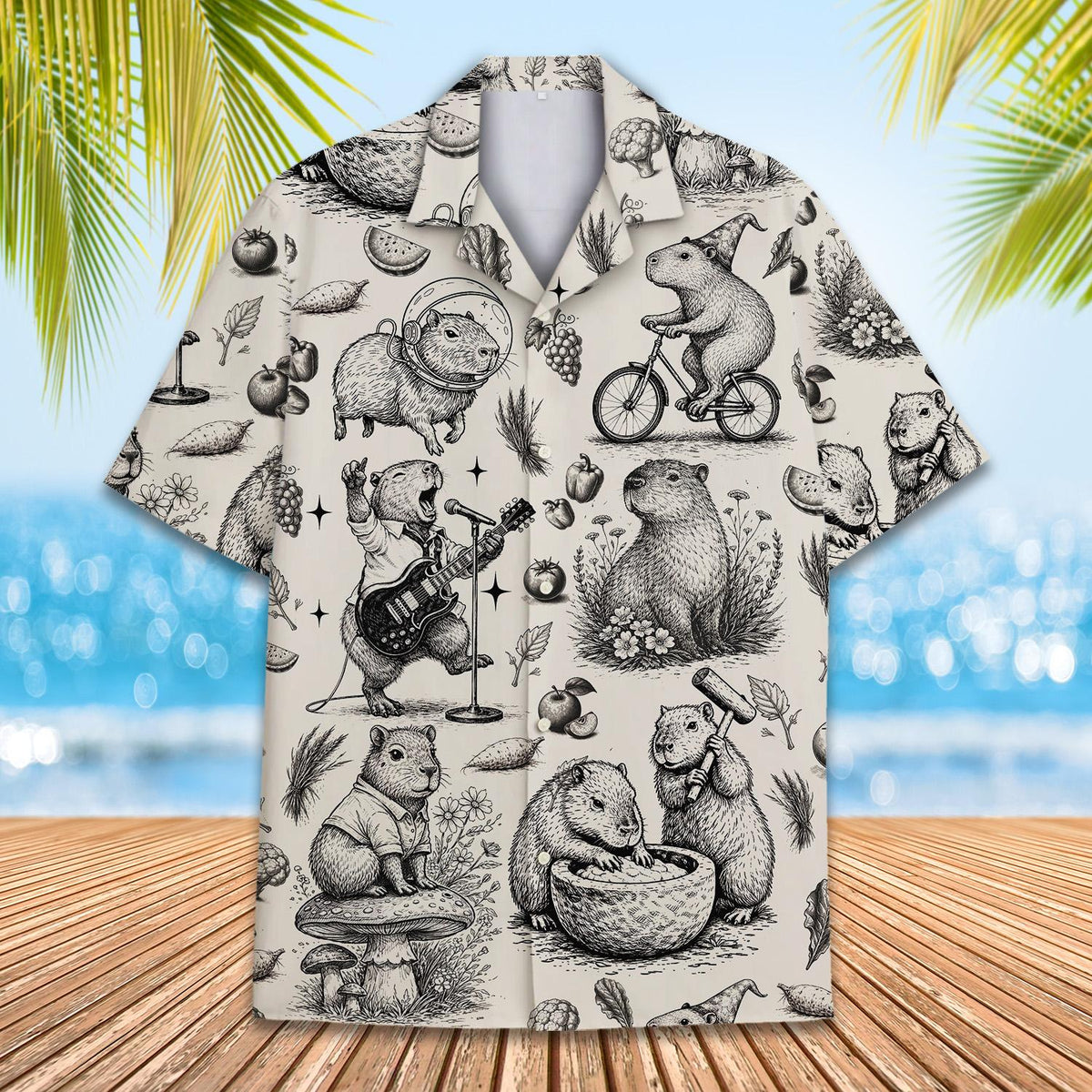 Lifestyle view of the beige capybara hawaiian shirt being worn