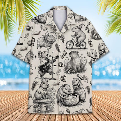 Lifestyle view of the beige capybara hawaiian shirt being worn