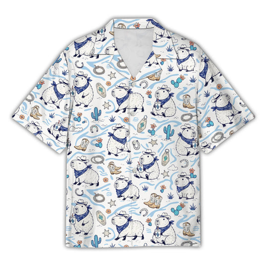 Front view of the capybara cowboy hawaiian shirt featuring an all-over print on a white background
