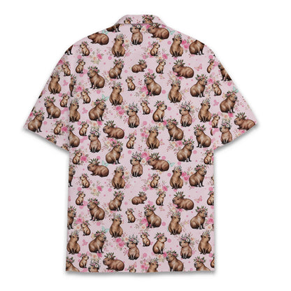 Capybara floral hawaiian shirt in pink with brown capybaras, back view
