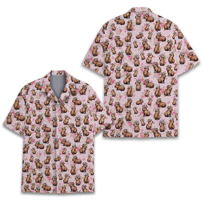 Capybara floral hawaiian shirt in pink with brown capybaras, front view